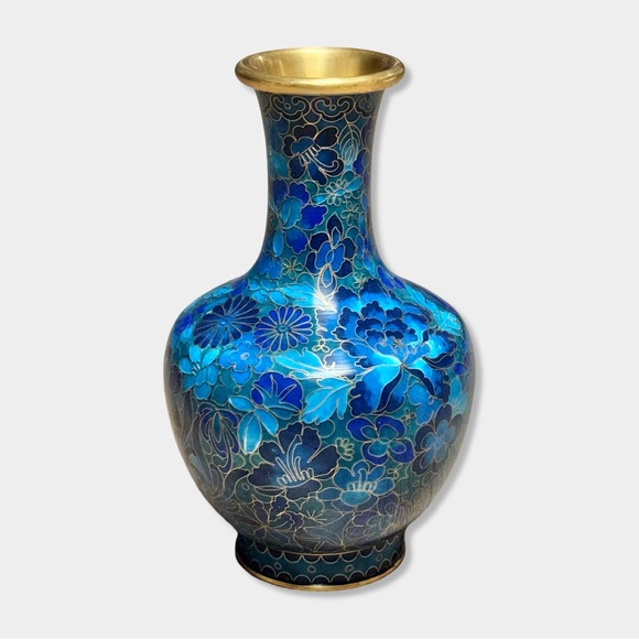 Vtg Chinese Cloisonné Enamel Blue Gold Brass Metal Floral 7.25” Bud Flower Vase - Picture 1 of 6